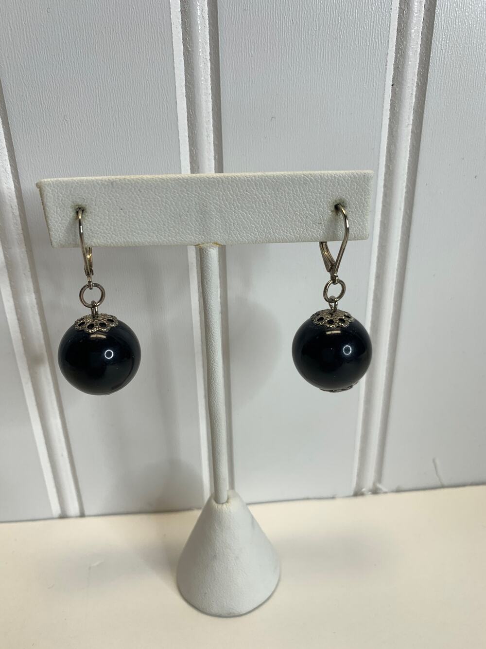 Black Drop Bead Silver Earrings 1.5" dangle